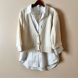 Elan Ivory Knit Cardigan with White Blouse